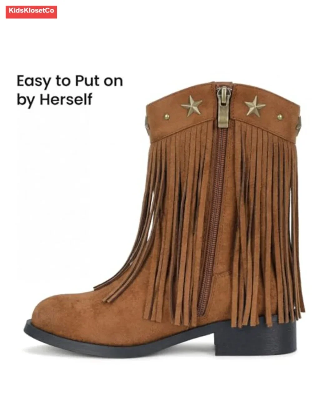 Girls Faux Suede Cowgirl Boots with Fringe & Side Zipper Western